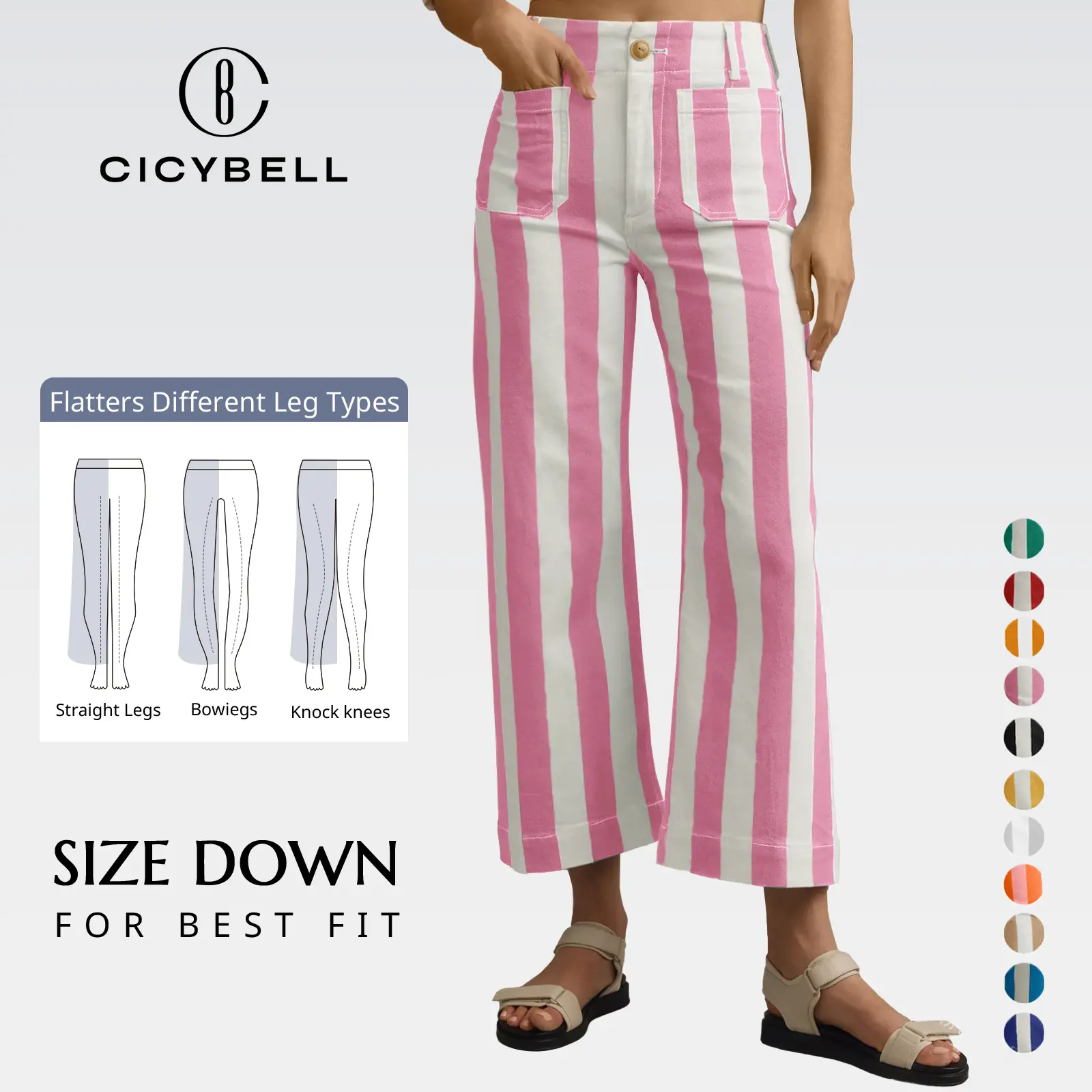 Cicy Bell Womens Cropped Striped Jeans Casual High Waisted Stretchy Polka Dots Straight Leg Denim Pants with Pockets