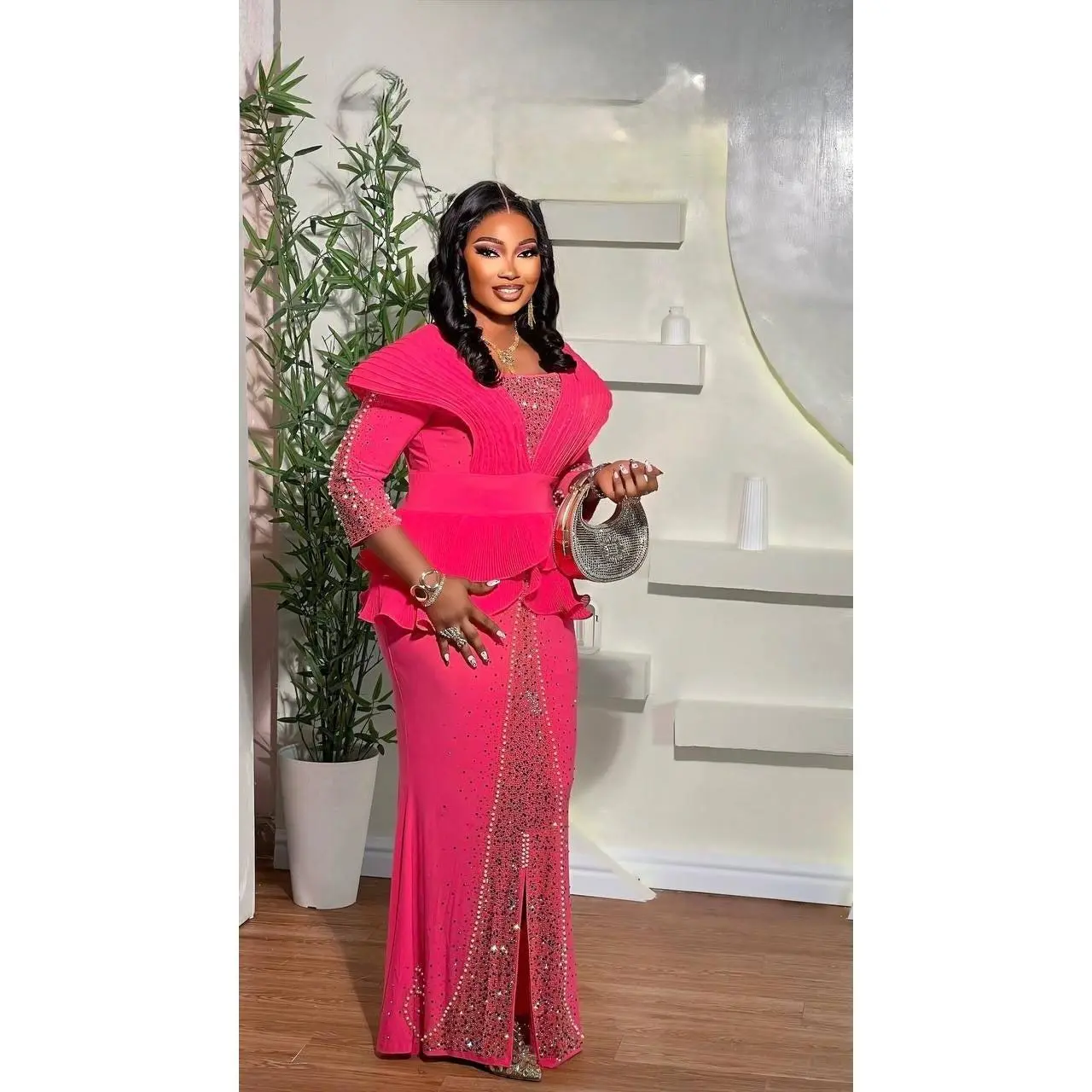 Pink Rhinestone Ruffle Peplum Maxi Dress for Mother of The Bride Wedding Guest Birthday Photoshoot Party Dinner Cocktail Reception Gala Engagement Ceremony Formal Evening Womenswear