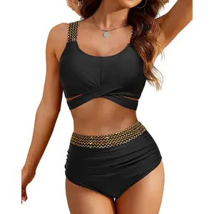 Daci Women High Waisted Bikini Set Tummy Control Two Piece Swimsuit Push Up Bathing Suit with Full Coverage Bottom