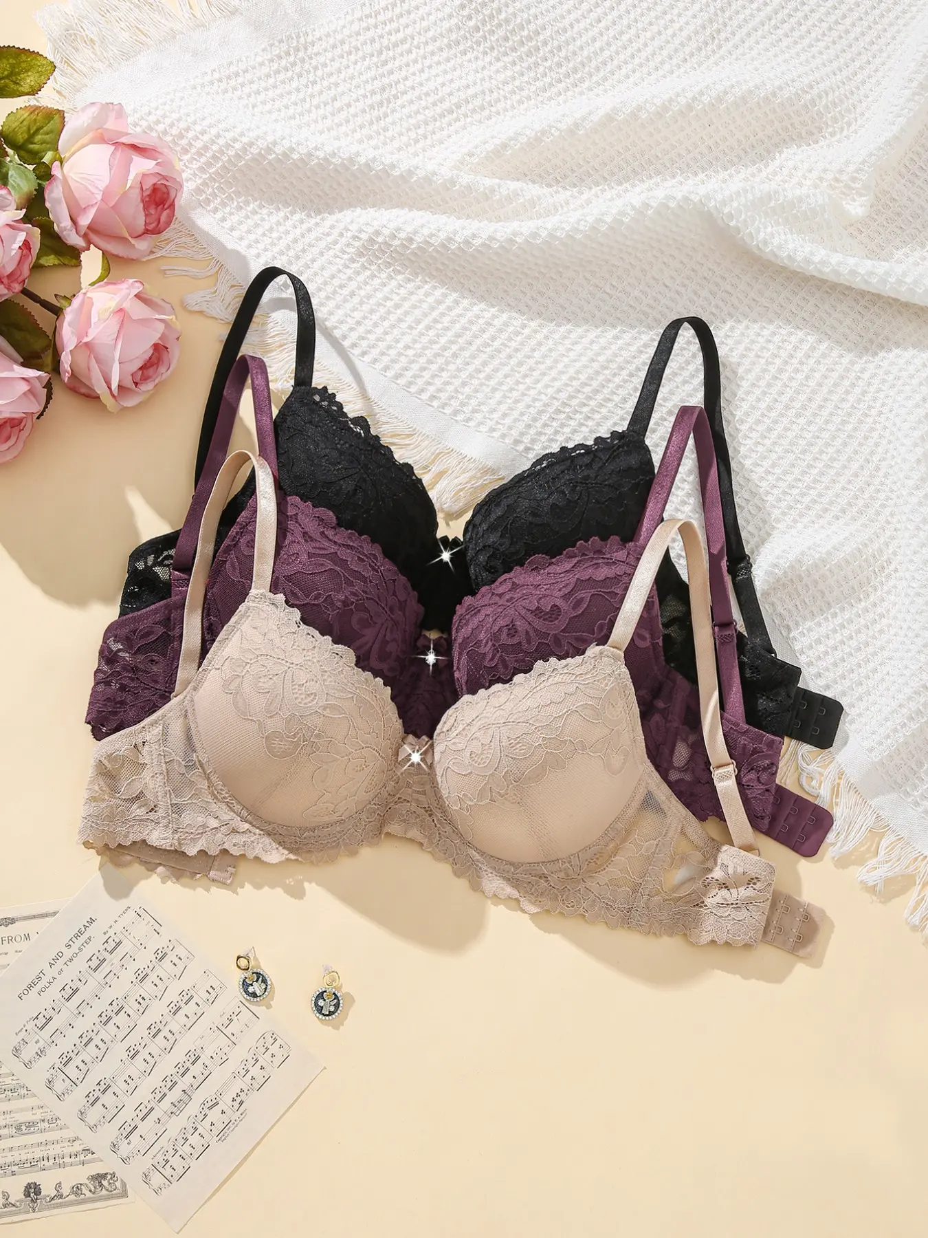 3pcs Women's Push-Up Lace Bra Underwear, Underwire Lift Anti‑sagging and Support Slimming , Breathable Soft, Adjustable Straps, Lace Backless Design, Elegant, Chic, Fit, Elegance, Daily Wear, Medium