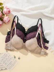 3pcs Women's Push-Up Lace Bra, Underwire  Lift Anti‑sagging and Support Slimming , Breathable Soft, Adjustable Straps, Lace Backless Design, Fit, Elegance, Daily Wear