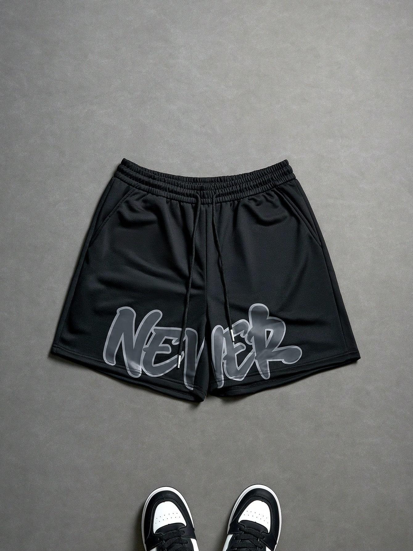 Men’s summer athletic shorts made from quick-dry, lightweight, breathable fabric with letter print; elastic waistband for comfort; loose fit—ideal for running, fitness, cycling, basketball, tennis, and outdoor activities.