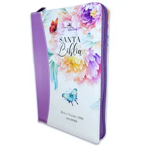 Bible in Spanish for Women Letter 12 points with Zipper Reina Valera 1960 Imitation Leather Lily with Floral Index with Handle