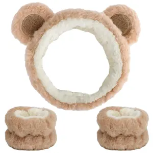 EyeconicFind Face Wash Headband with Wrist Towels Christmas Holiday Gifts- Soft Coral Fleece Spa Makeup Headband, Cute Animal Elastic Skincare Design with Bear Ears