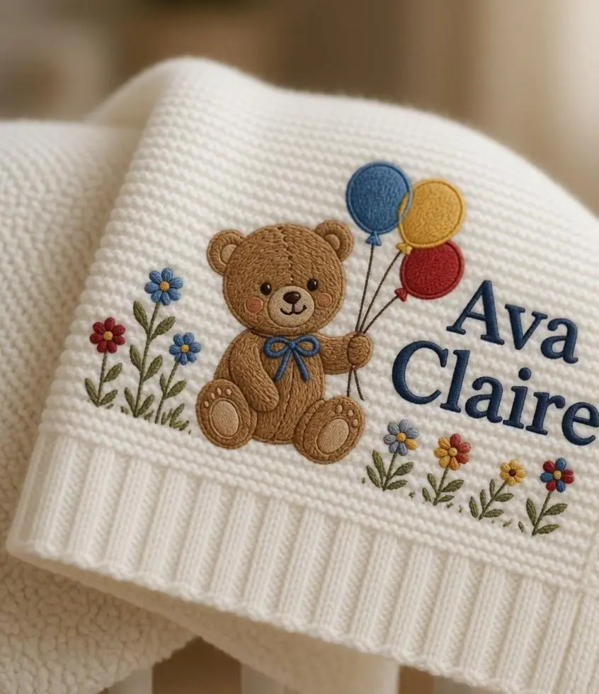 [Made-to-Order] Custom Teddy Bear Embroidered Baby Blanket, Personalized Bear Knit Blanket with Name, Balloon Nursery Decor, Baby Shower Gift, Newborn Keepsake