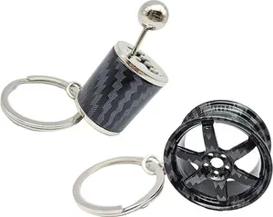 Carbon Fiber Gear Shift Manual Gearbox 6 Speed Keychain + Wheel Keychain