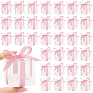 50 Pack Favor Boxes 2x2x2 Inches Clear Candy  Boxes with  Ribbons, Mini Plastic  for Wedding, Birthday Party,  Shower, Classroom Decoration Supplies