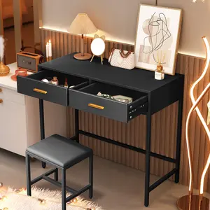 Black Vanity Desk Stool Set Small Makeup Dressing Table Wooden Computer Desk With 2 Drawers