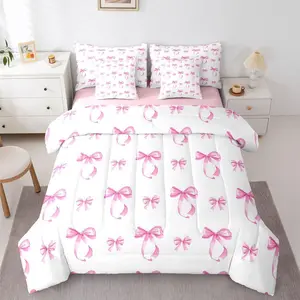 Pink Bow Comforter Bed Set,Ribbon Bow Knot 7 Pieces Bedding Preppy Princess Bed Set with Sheets,Dreamy Kawaii Bed Bag,Bedroom Decor Bed Set