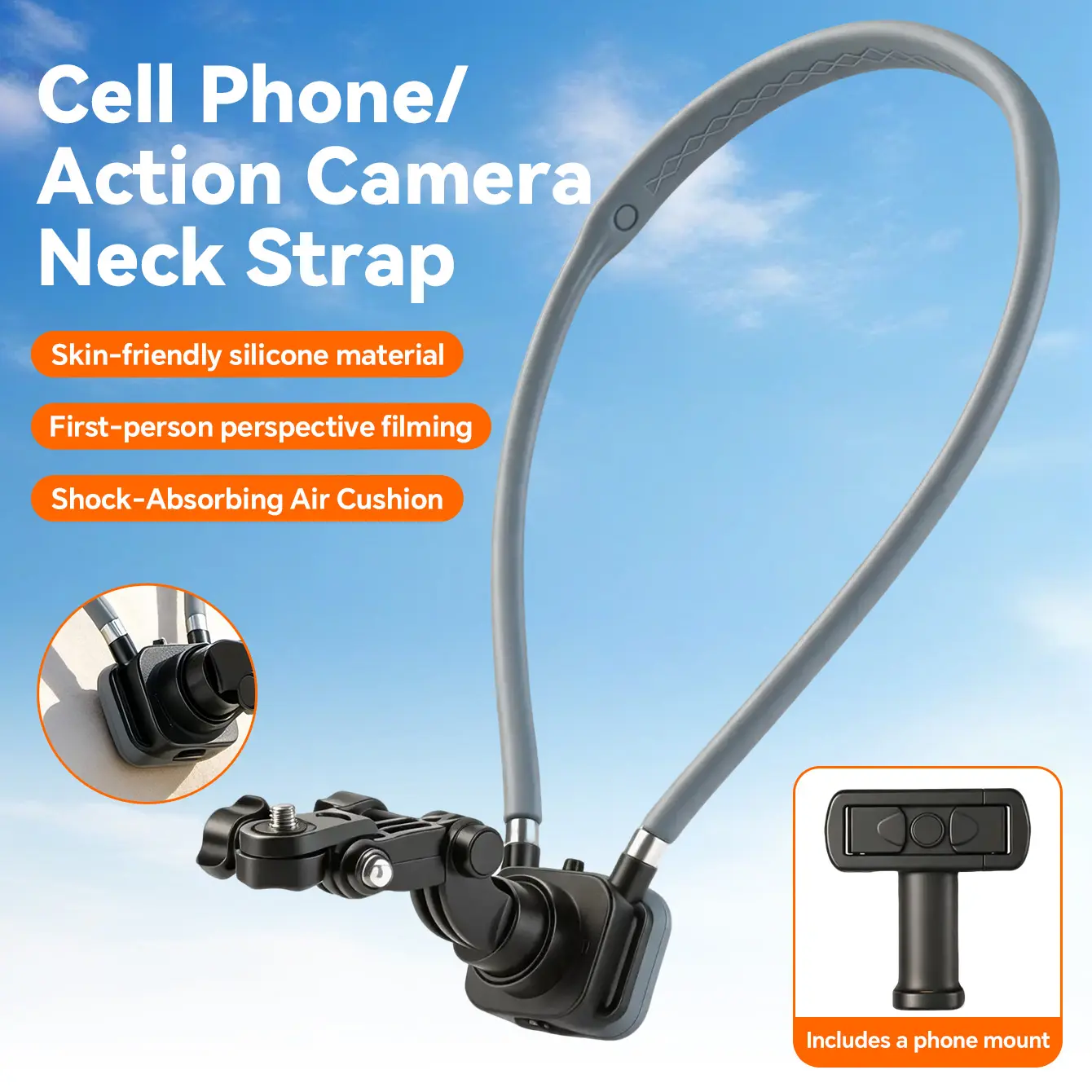 TINKSEN Silicone Neck Strap Mount Holder - Clip-On Cell Phone Holder, Lightweight Mount for POV View Hands-Free Vlogging, Shock-Absorbing Air Cushion First-Person Shooting