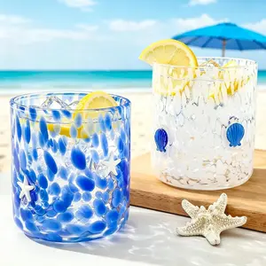 2Pcs Ocean Icon Juice Glass 14 Oz Wine Glass White Dark Blue Seashell Starfish Stemless Cocktail Drinking Cups for Summer Beach Home Party Favors Supplies