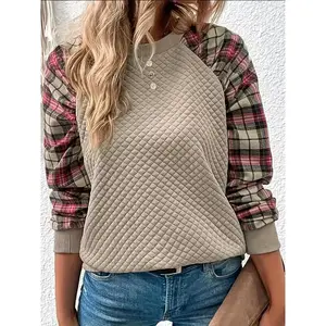 Women's Plaid?Patchwork?Print Fake Buttons Raglan Sleeve Sweatshirt, Casual Long Sleeve Round Neck Pullover, Women's Fall & Winter ClothesdJNh