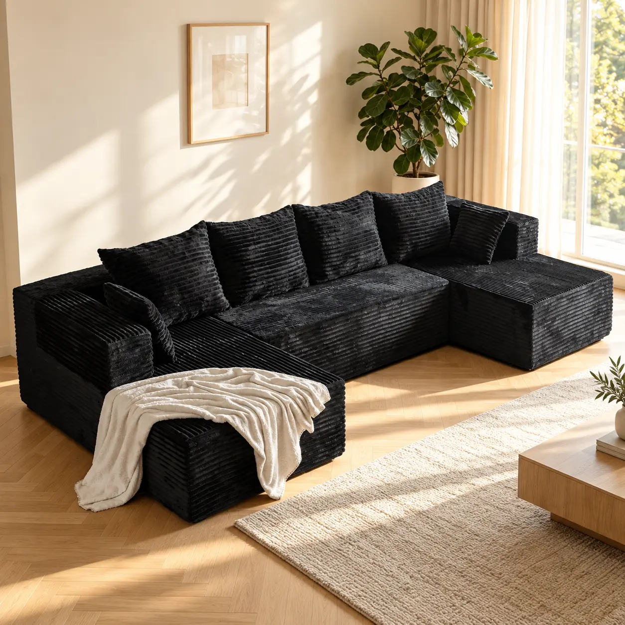 Orienflex 131.1" Oversized U-Shaped Modular Boneless Sectional Sofa with Double Chaise, Deep Seat Corduroy Couch, Foam & Pocket Spring Support, No-Assembly Movable Piece for Living Room, Boneless Sectional Couch ottoman