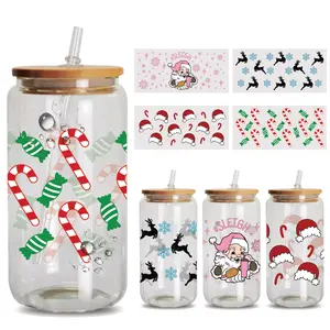 UV DTF Cup Wraps Sticker - 4 Sheets Merry Christmas Candy Deer UV DTF for 16 OZ Glass, Design Rub on Transfer
