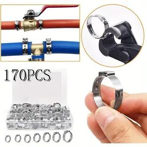 170 Pcs Single Ear Hose Clamp,11 Sizes 1/4-1 Inch Constant Tension Crimp Stepless Cinch Rings Crimp Assortment Kit for PEX Tubing Pipe Fitting Connection Water Pipe,Plumbing and Automotive Use