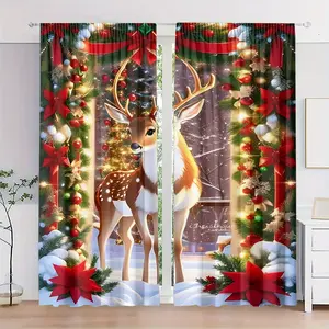 High definition digital printing peach velvet curtain 2-piece set - sika deer pattern decorative art curtain, anti-fading rod bag curtain board, suitable for living room, bedroom