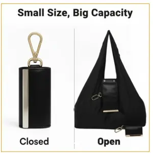 Leather Foldable Expandable Keychain Tote Bag - Small Size Large Capacity Portable Keyring Handbag for Daily Errands & On-the-Go Use