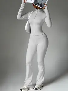 Women's Slim-Fit Solid Color Jacket Pants Set, Casual Sportswear, Yoga Tracksuit Set, Long Sleeve Below Ankle, All Seasons, Moderate Fabric Thickness