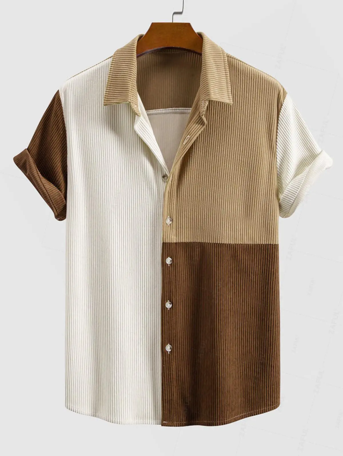 Z ZAFUL SPORTS Menswear Classic Patchwork Shortsleeve Shirt for Men, Regular Fit Top in a Soft Stretch Fabric, Breathable, Multicolor, Cool Brown Short-Sleeve Casual Shirts, Button Down, Colorful Style, Daily Outings, Retro, Corduroy, Short Sleeves, Wardr