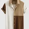 ZAFUL Men's Retro Short-Buttoned Casual Shirt - Regular Fit, Soft Corduroy Fabric, Breathable Brown Patchwork Colorblock Button-Down, Wardrobe Staple for Daily Wear