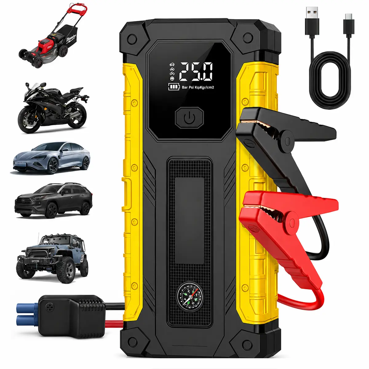 Portable Car Jump Starter 12V Battery Booster Power Bank with LED Emergency Light, LCD Display and Smart Jumper Cables for Cars SUVs Trucks,Local warehouse shipping