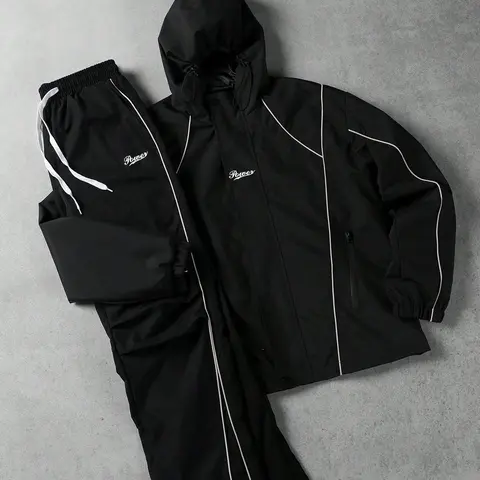 Men's 2-Piece Streetwear Clothing Set - Pure Black Casual Hooded Top with Drawstring, Pants with Color Block Lines, Chest Embroidery, Urban Relaxed & Stable Versatile Style