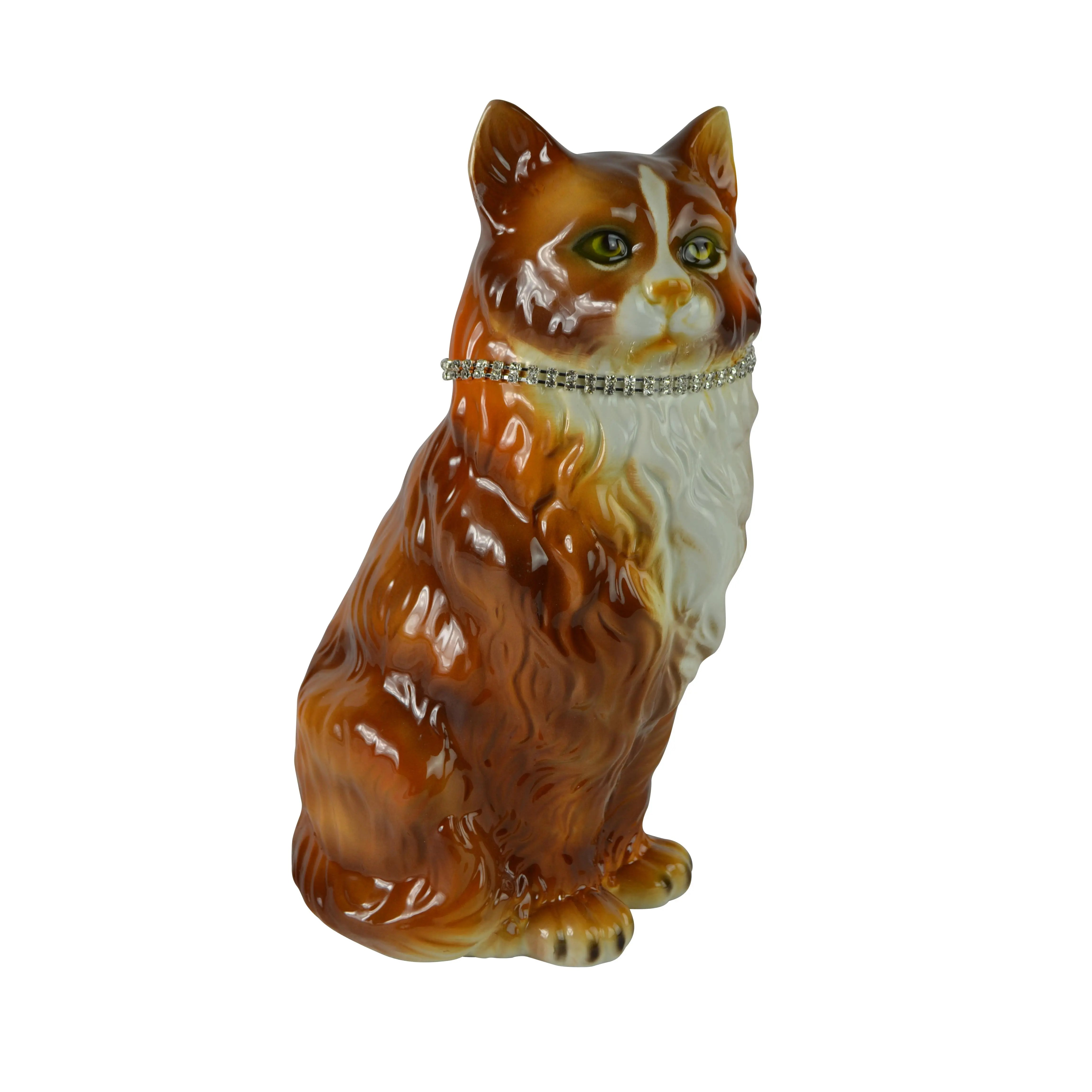 Large Ceramic Cat Statue 13” Tall with Rhinestone Collar in Brown
