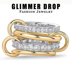 【Glimmer Drop】18K Gold Plated Twisted Stackable Rings for Women - Statement Layered Ring Dual-Tone Stack - Micro-Inlaid Cubic Zirconia Glittering Stacking Jewelry My Little Star Book Pendant Necklace