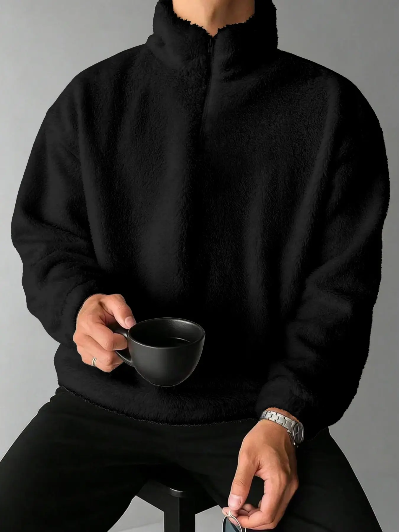 Men's Solid Long Sleeve Fuzzy Lounge Sweatshirt, 2024 New Style Casual Stand Collar Pullover for Fall & Winter, Men's Clothes for Daily Wear