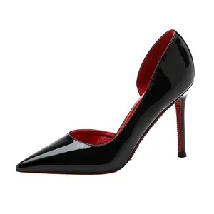 Black women’s high heels, thin heel, 2026 new model, red sole, pointed toe, rhinestone embellishment, low-cut vamp, patent leather, professional style with side cutout pumps