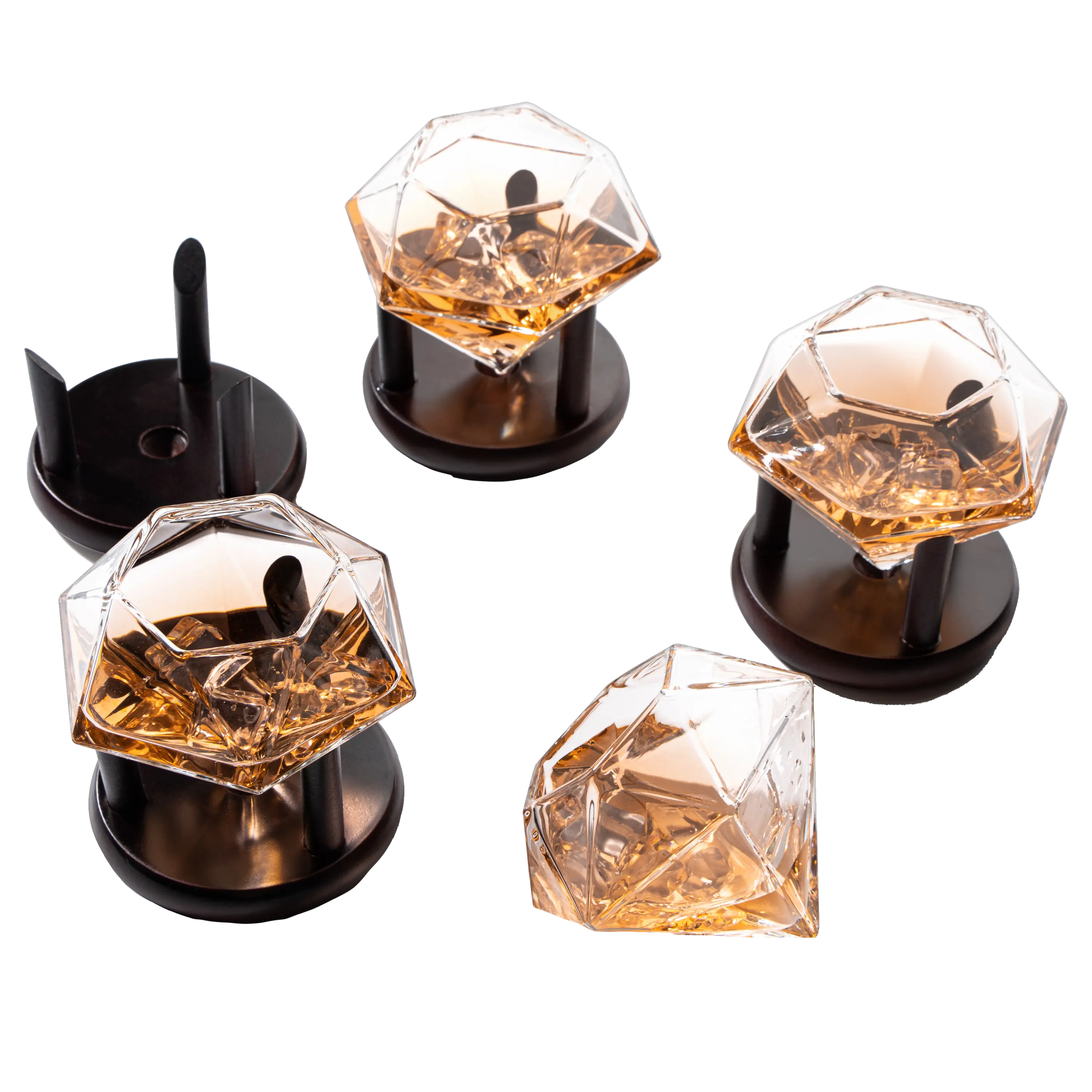 Set of 4 Diamond Whiskey & Wine Glasses With Wood Stands 10oz - Wine, Whiskey, Water, Diamond Shaped, Diamonds Collection Sparkle Patented Wine Savant - Stands Alone, Or on Stand