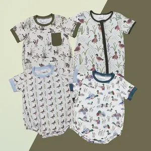 Infant Boys' Spandex Cotton Bubble Romper - Summer Short-Sleeve, Mallard Ducks Print, Farm Theme Country Outfit, True Size, Bubble Silhouette