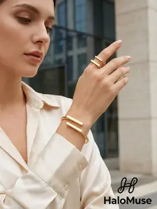 Minimalist Geometric Linear Gold-Plated Bracelet & Ring Set, Luxe Versatile Jewelry for Daily Commute & Date Nights
