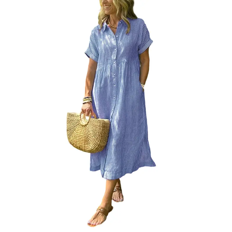 Yimoon Women’s Striped Button Down Midi Shirt Dress Bohemian Casual Loose Fit Short Sleeve Summer Beach Vacation Dress with Pockets