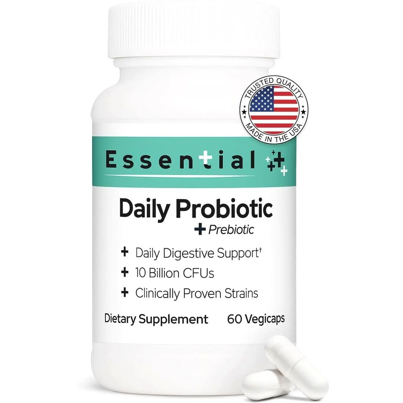 Brookfield Pharmaceuticals Essential Daily Probiotic for Men and Women 10 Billion CFU, 60 Vegicaps Men Probiotics for Digestive Health with Prebiotics & 2 Strains, Probiotic Supplement for Gut Health
