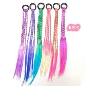 6pcs Colorful Braided Hair Extension Scrunchies Set, Gradient Wig Ponytail Hair Ties, Sweet Festival Hair Accessories for Parties