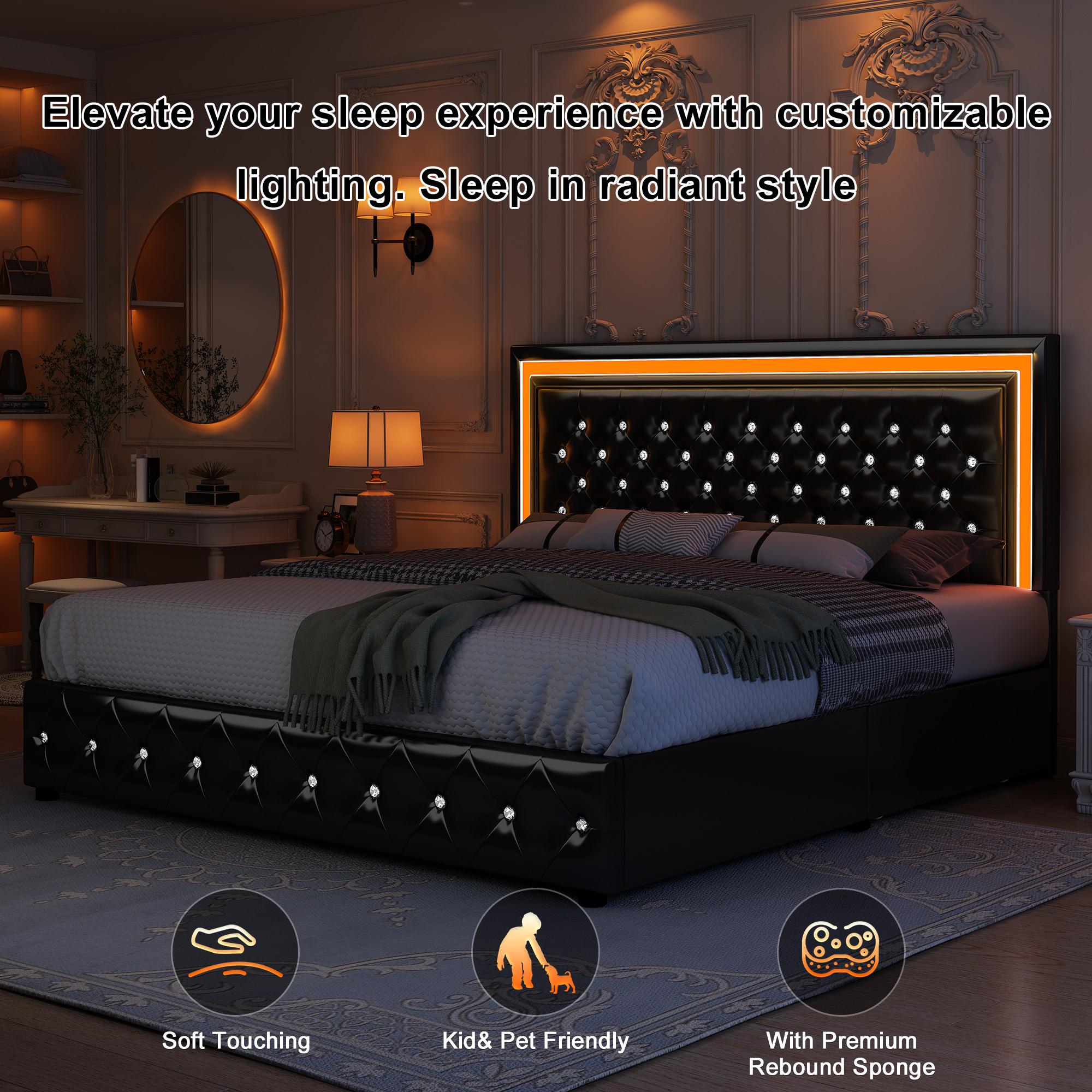 GEGOFORU Queen LED Storage Bed Frame with RGB Headboard, Music Sync & APP Control, 4 Drawers, PU Upholstered, Noise-Free, No Box Spring Needed, White