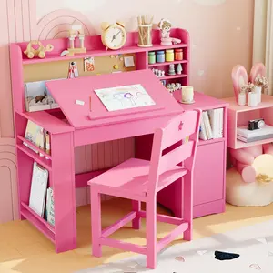 Garvee Children's Study Desk and Chair Set with Storage, Inclined Wooden Desk with Rabbit Design and Storage Cabinet for Organized Study Space