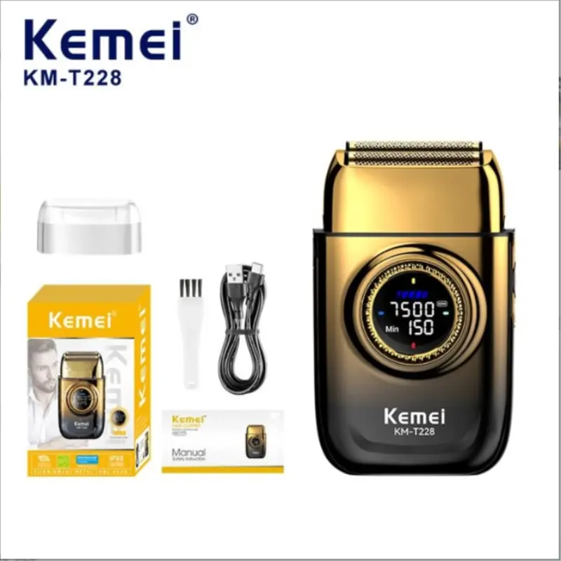 Kemei Km-T228 Men's Shaver LED Display Dual Foil Cordless Oil Head USB Professional Electric Razor, Lithium-Ion Battery, New, Double Foil Shaver