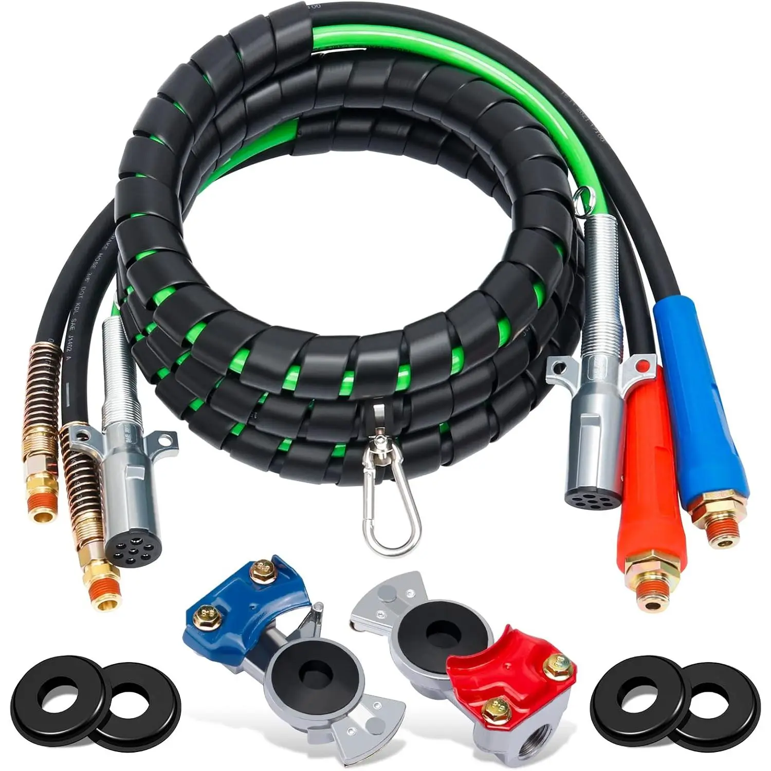 12ft 3 in 1 ABS & Power Air Line Hose with Glad Hands & 4 Glad Hand Seals for Tractor Trailer Semi
