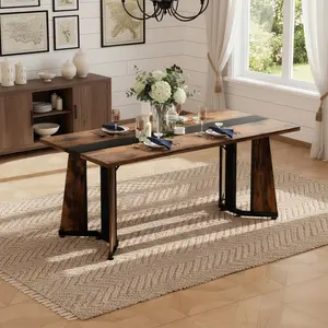 Industrial Rustic Vintage Rectangular Dining Table, 70.9in Moisture-Resistant Wood-Look Large Surface Top, Black Metal Bold Stripe Base, 6-8 Seats Farmhouse Table, Ideal for Kitchen, Dining Room