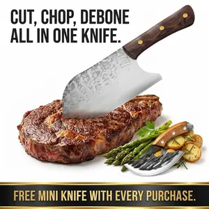 2 Pcs Hand Forged Knife Set Full Tang High Carbon Steel Chopping Cleaver & Viking Boning Knife with Finger Hole Hammered Non-stick Ergonomic Wood Handle for Home Kitchen Meat Cutting Bone Chopping Outdoor Camping BBQ Gift for Chefs Men