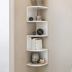 Five-layer White Corner Wall Shelf | Heavy-duty Plastic Curved Space-saving Storage Floating Shelf, Modern Black/White Corner Shelf Decor, Suitable for Living Room, Bedroom, Bathroom - Sturdy Display Rack and Organizer