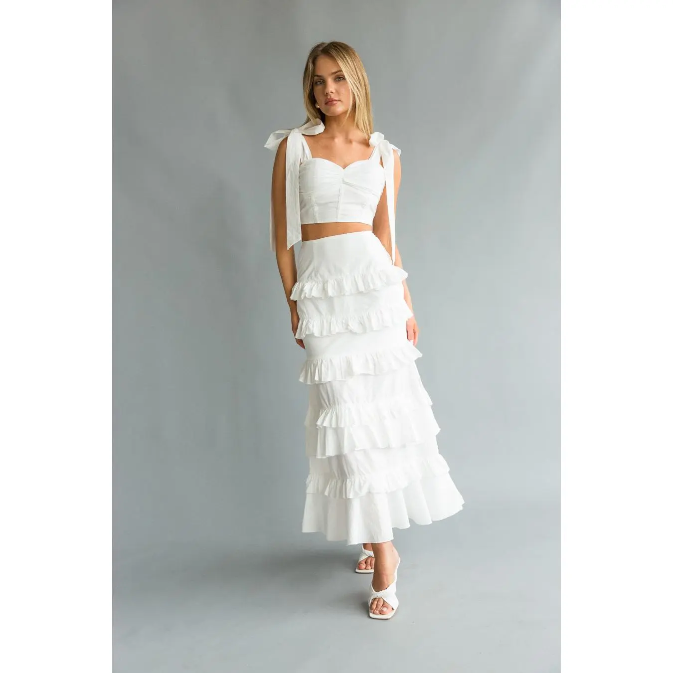 Dawn Bow Strap Bustier Top + Tiered Ruffle Skirt Set
