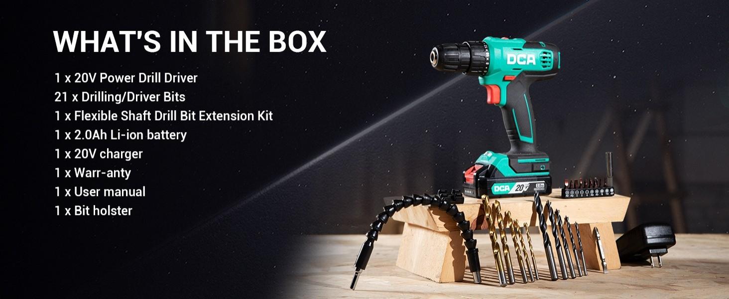 【5-year warranty】DCA 20V Cordless Drill 25-Piece Set, 28 ft・lb Torque, 3/8" Keyless Chuck, 2.0Ah Battery & Charger, 18+1 Clutch Settings, Ideal for Home DIY, Furniture Assembly, Plumbing, Light Drilling & Demolition