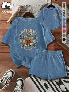 Christian faith graphic pattern printed women's suit retro cotton Fitted casual T-shirt shorts two-piece suit, street Y2K casual round neck washed cotton suit for casual outing, punk style women's clothing