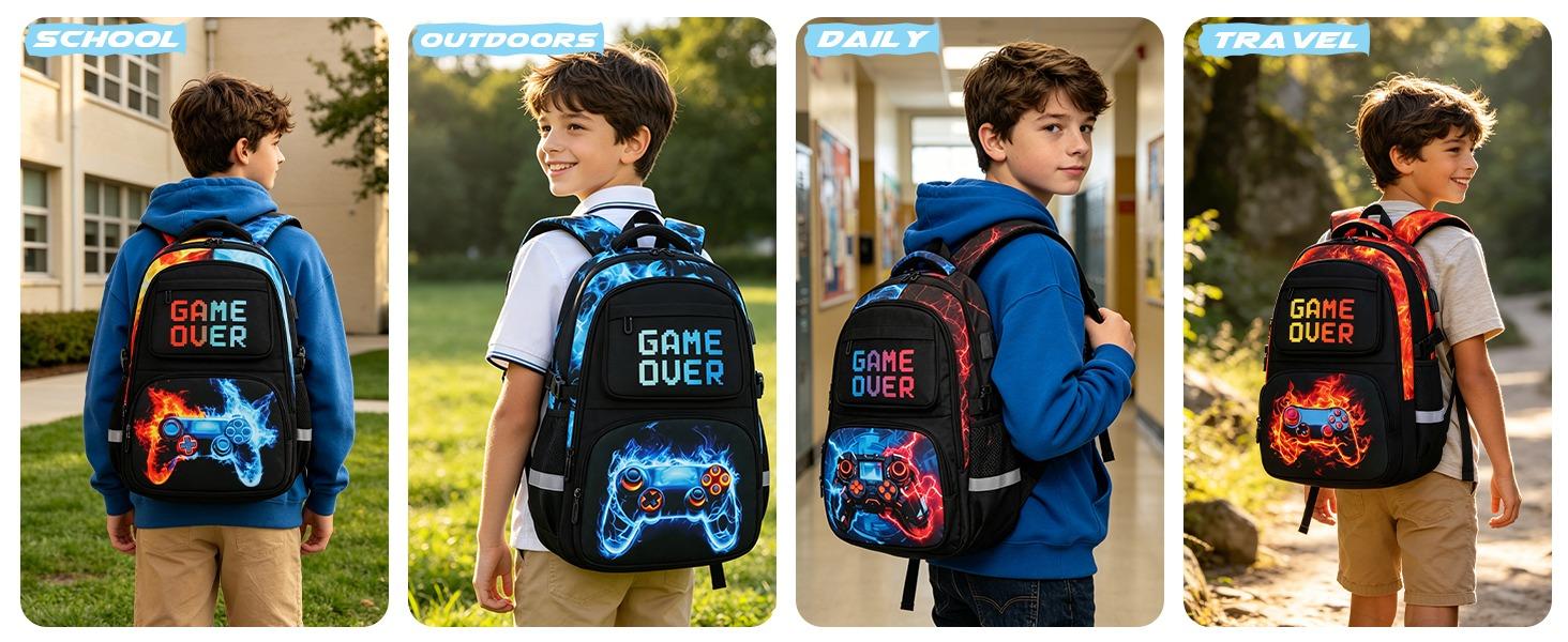 SIMILOVE 18" Multi Function Gamer Backpack with USB Port - Waterproof School Backpack for Kids, Includes Lunch Box & Pencil Case, Childrens Bag for Elementary/Middle School Students