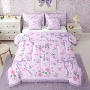 Coquette Purple Bow Comforter Set,Cute Bow Tie Floral Bedding Set,for Kids | Bowknot Ribbons Wildflower Sheet Set with Comforter Cottagecore Pastoral Style Farmhouse Room Decor