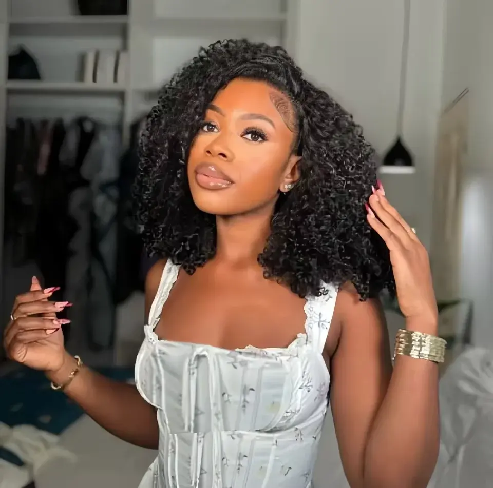 MYLOCKME Upgrade 3 IN 1 Kinky Curly Half Wig With Drawstring Seamless Clip Ins Flip Over Wig 210% Density Curly Half Wigs For Women