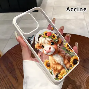 Magnetic Case for iPhone 17 Pro Max 16 Plus 15 14 13 12 11 Air E Flower - Crowned Cow Dream Pattern Acrylic Back TPU Edges Shockproof Ultra Thin Mobile Phone Cover Gift for Girl